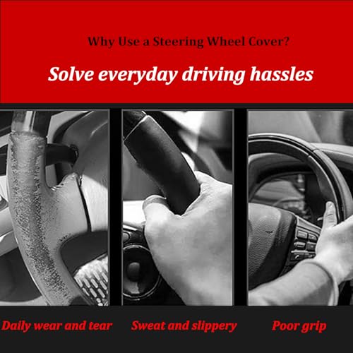 Veclod Black Genuine Leather Car Steering Wheel Cover Men Women,Cowhide Wheel Cover,Soft,Breathable,Anti-Slip,Luxury Steering Wheel Cover
