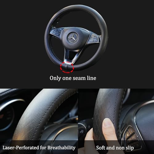 Veclod Black Genuine Leather Car Steering Wheel Cover Men Women,Cowhide Wheel Cover,Soft,Breathable,Anti-Slip,Luxury Steering Wheel Cover