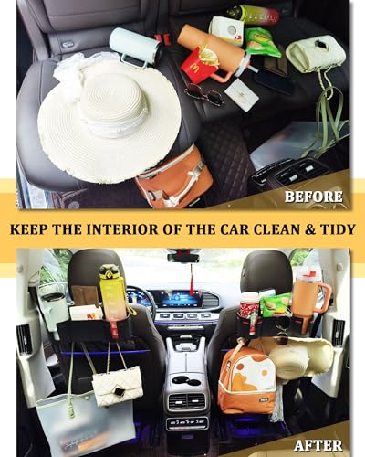 Car Headrest Backseat Cup Holder 3.7" with Organizer, High Capacity 4 in 1 Seat Back Organizer with Headrest Hooks, Multifunctional Storage for Car Travel Accessories Compatible with Most Vehicles