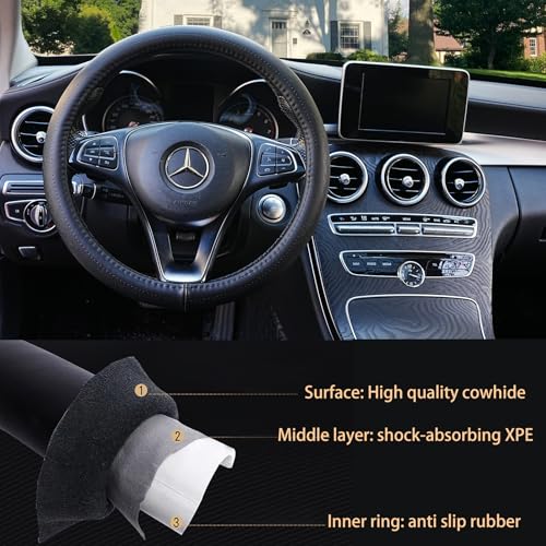 Veclod Black Genuine Leather Car Steering Wheel Cover Men Women,Cowhide Wheel Cover,Soft,Breathable,Anti-Slip,Luxury Steering Wheel Cover