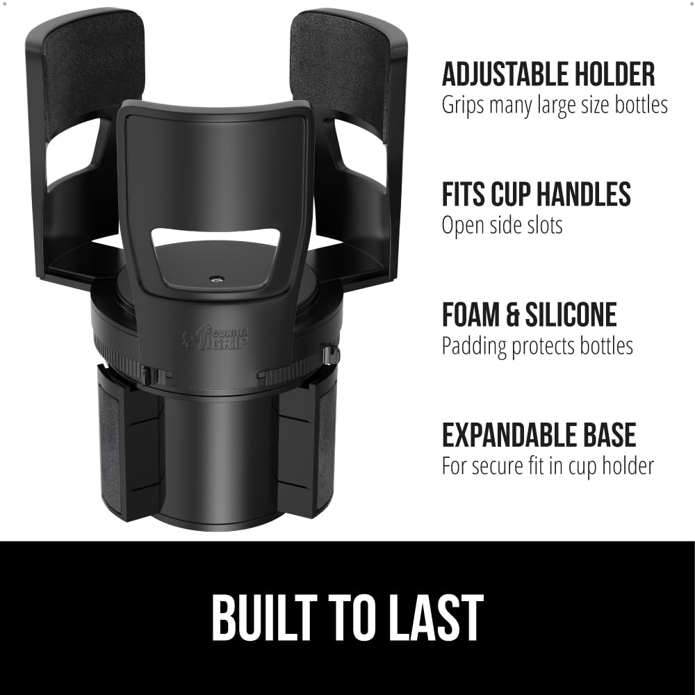GORILLA GRIP Car Cup Holder Expander, Keeps Large Drink Cups Secure, Expander Fits Yeti, HydroFlask, Stanley 18 to 48oz Large Water Bottles, Coffee Mug, Adjustable Arms and Base Insert