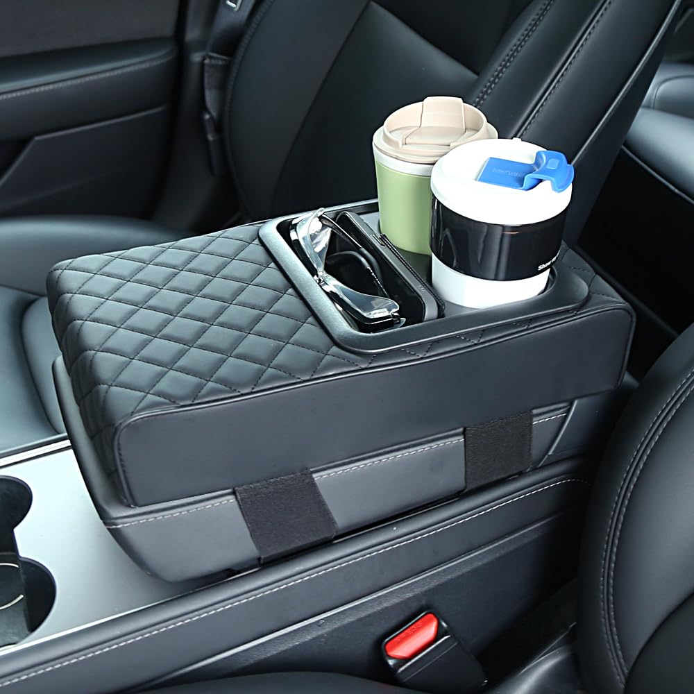 Faux Leather Car Armrest Cushion with Cup Holder & Storage
