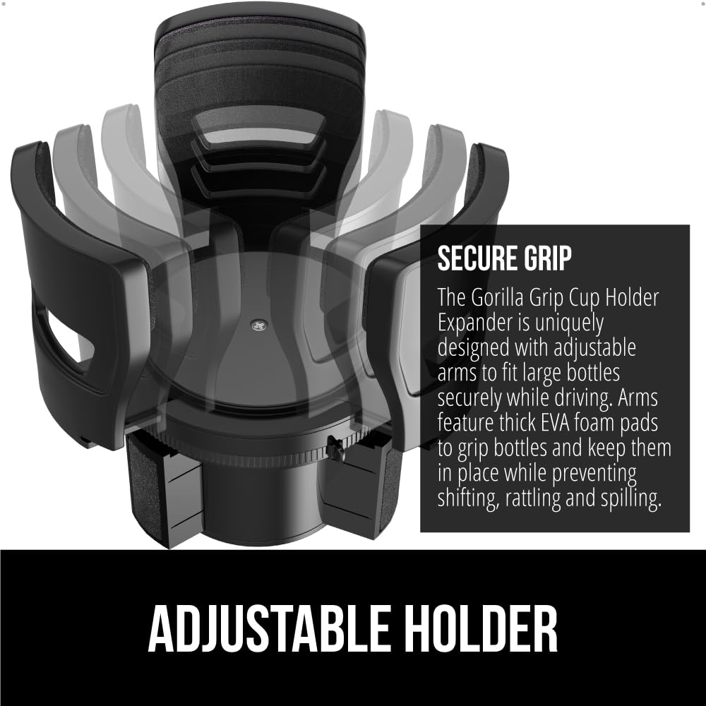 GORILLA GRIP Car Cup Holder Expander, Keeps Large Drink Cups Secure, Expander Fits Yeti, HydroFlask, Stanley 18 to 48oz Large Water Bottles, Coffee Mug, Adjustable Arms and Base Insert