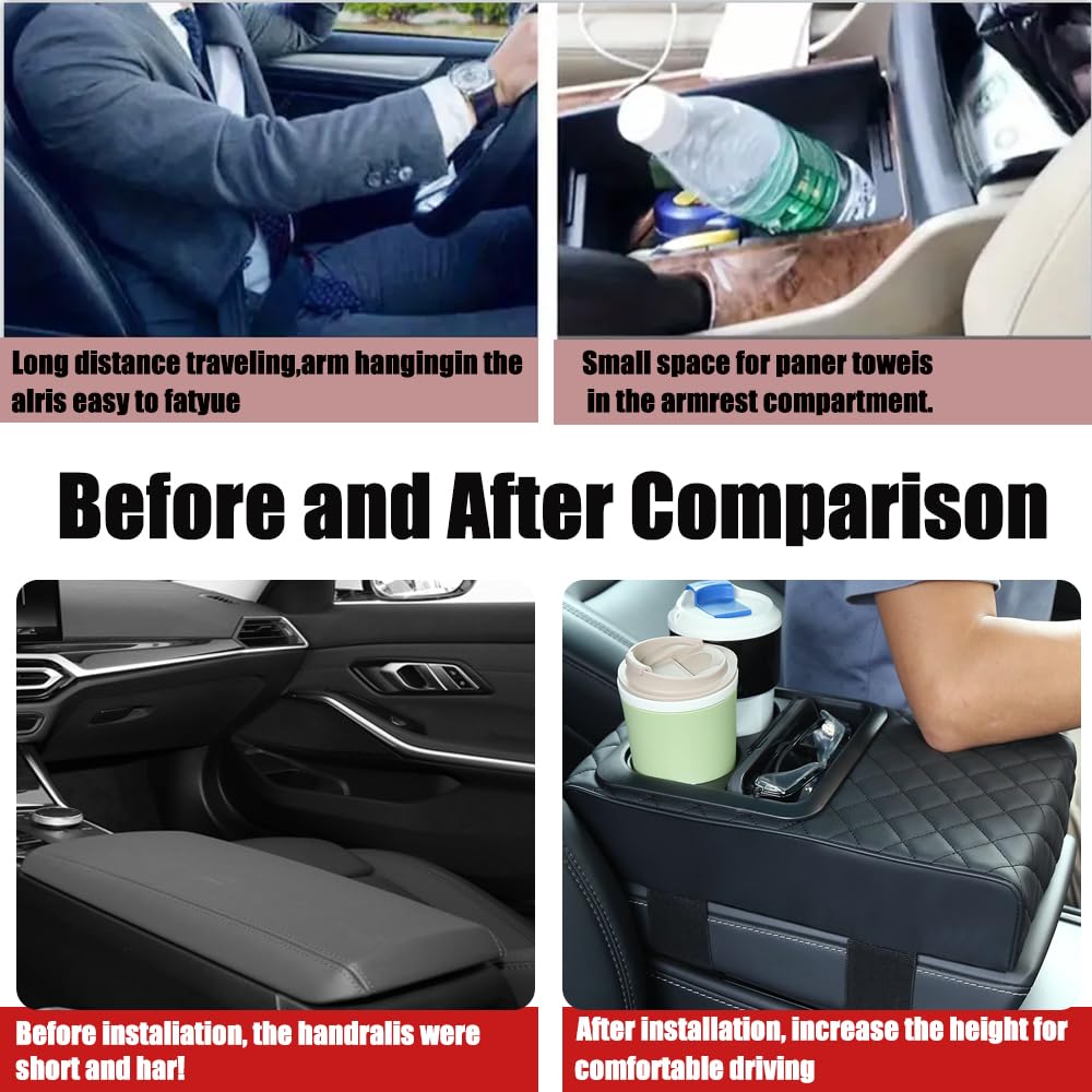 Faux Leather Car Armrest Cushion with Cup Holder & Storage