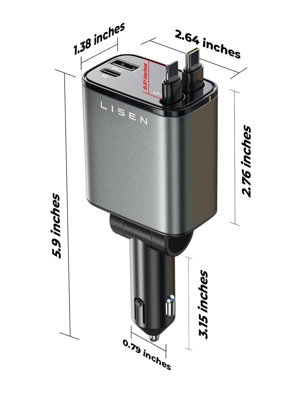 LISEN 84W Retractable USB-C Fast Charging Car Charger