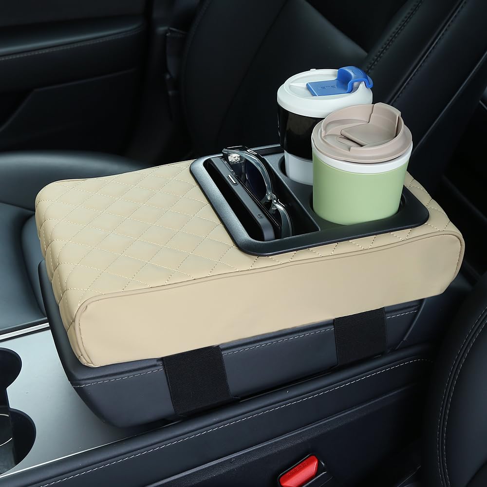 Faux Leather Car Armrest Cushion with Cup Holder & Storage