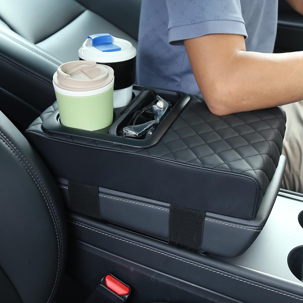 Faux Leather Car Armrest Cushion with Cup Holder & Storage