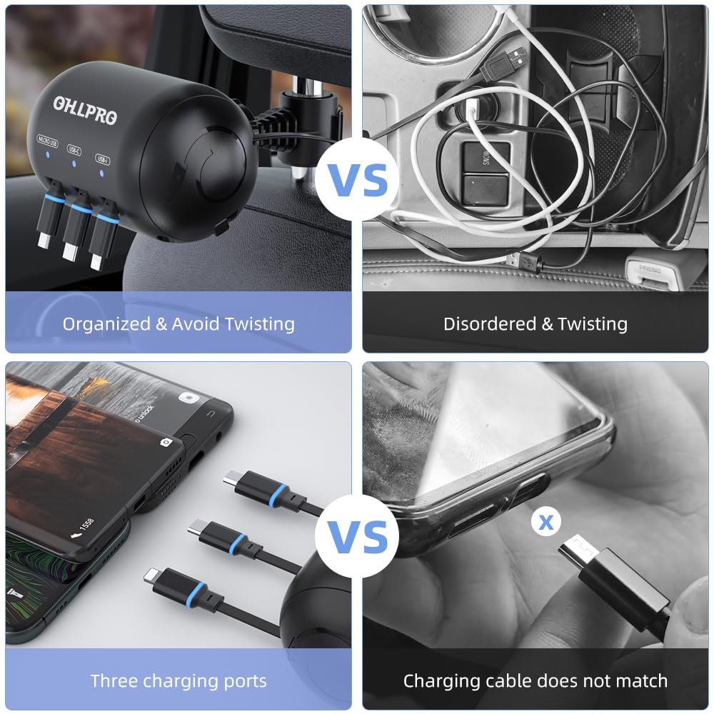 OHLPRO 3-in-1 Retractable Backseat Car Charging Station