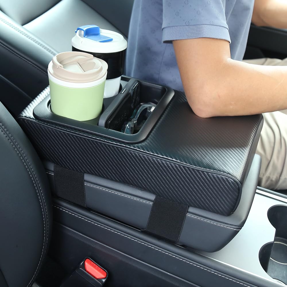 Faux Leather Car Armrest Cushion with Cup Holder & Storage