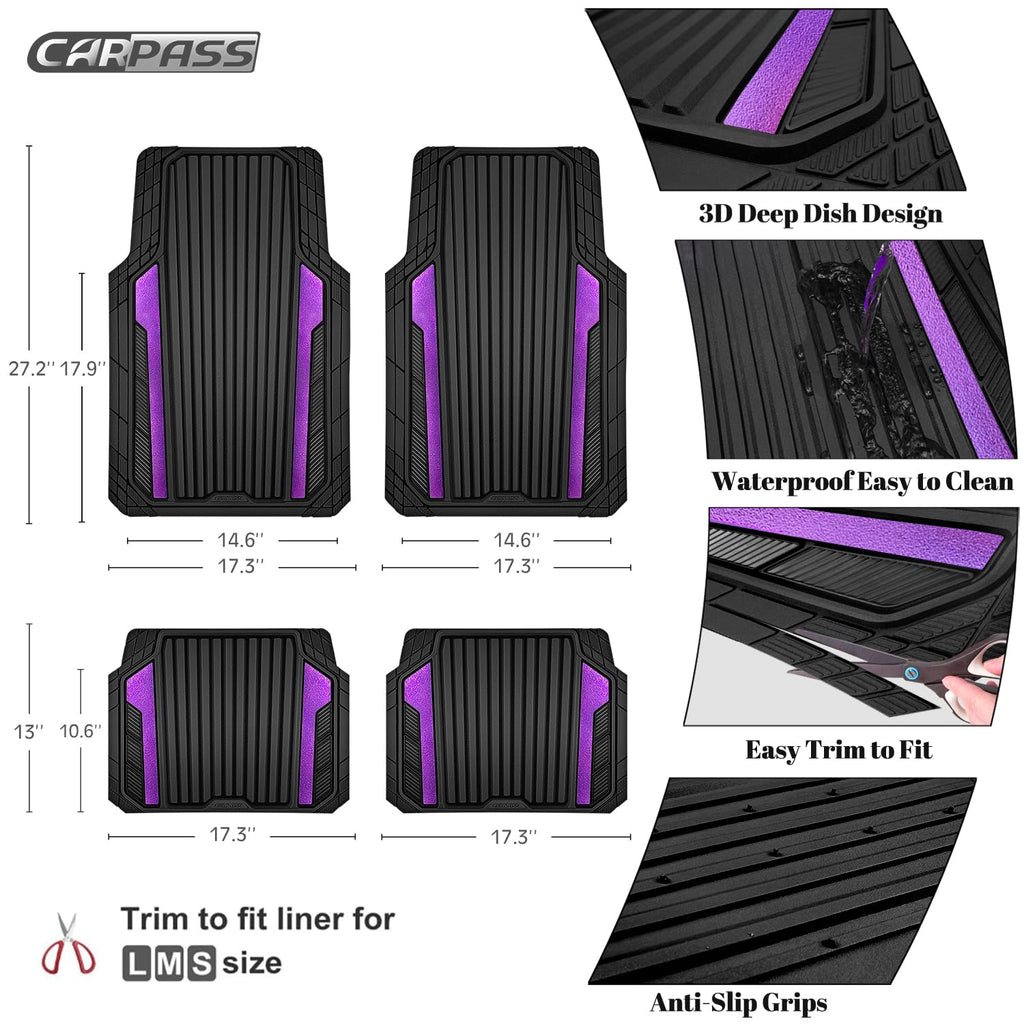 CAR PASS Heavy Duty Sporty Rubber Car Mats, Deep Dish All Weather Car Floor Mats Full Set, Waterproof Anti-Slip Automotive Matts Rugs Trim to Fit for 95% Sedans SUVs Vans Trucks, 4-Piece