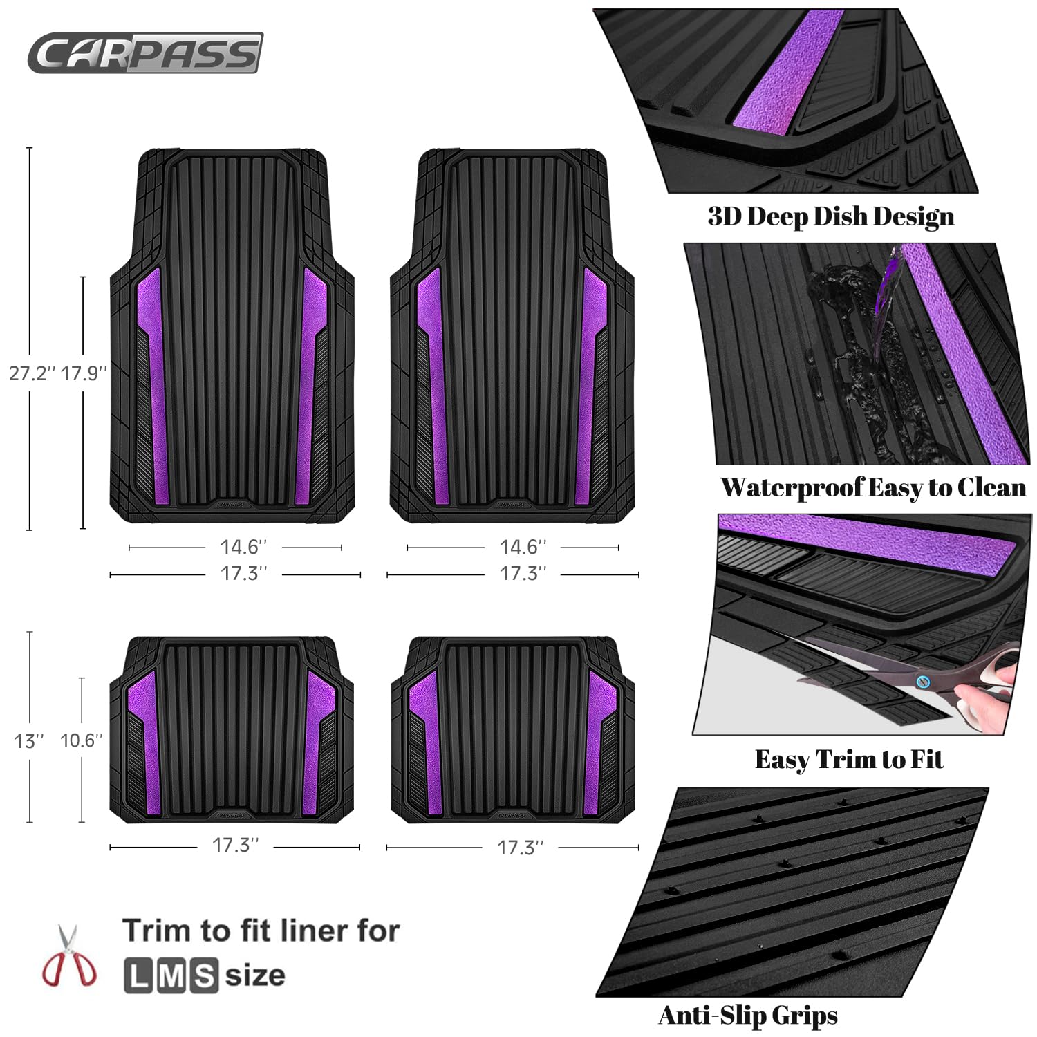CAR PASS Heavy Duty Sporty Rubber Car Mats, Deep Dish All Weather Car Floor Mats Full Set, Waterproof Anti-Slip Automotive Matts Rugs Trim to Fit for 95% Sedans SUVs Vans Trucks, 4-Piece