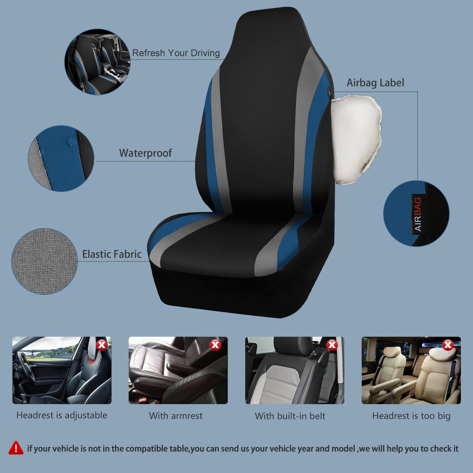 CAR PASS AquaShield Line Rider Car Seat Covers for Front Seats Only, Waterproof Seat Covers for Cars, Neoprene Two Front High Back Bucket Seat Cover Set