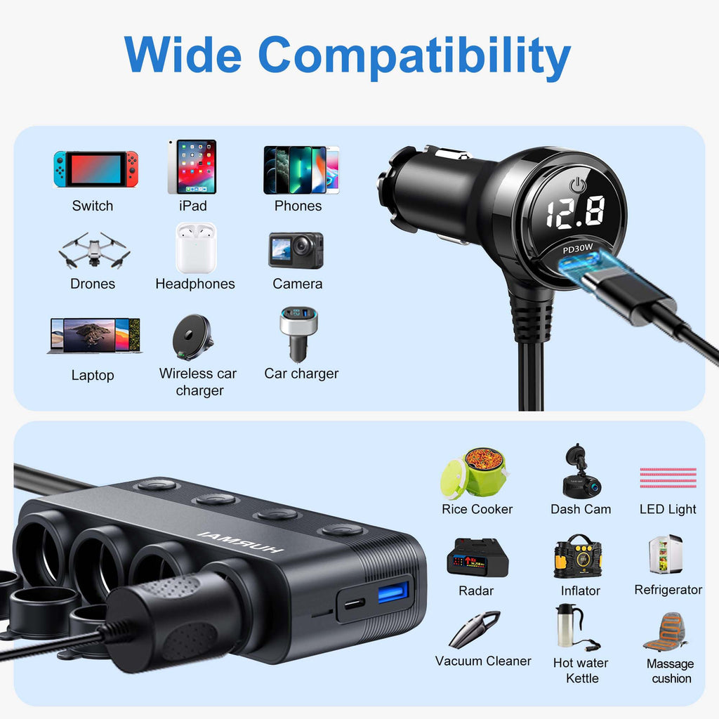 HURMAI 216W 4-Socket USB-C Car Charger Splitter