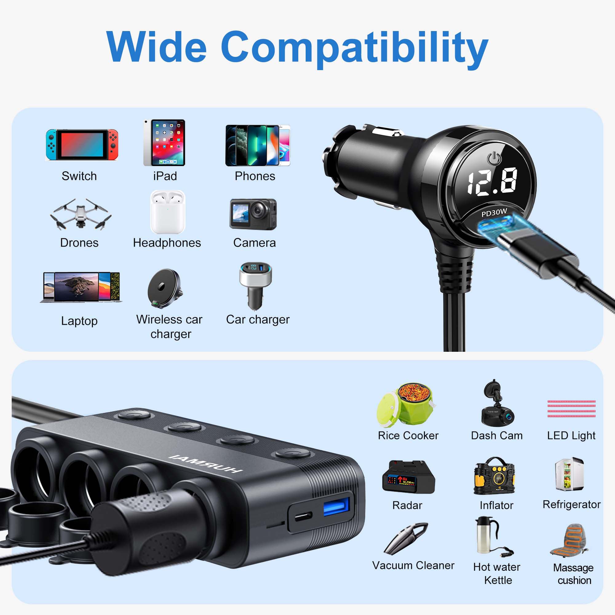 HURMAI 216W 4-Socket USB-C Car Charger Splitter