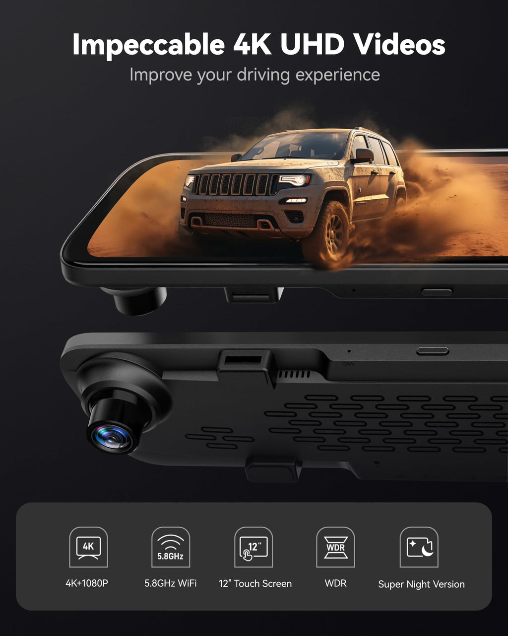 WOLFBOX G840S 12-Inch 4K Dual Mirror Dash Cam Front and Rear