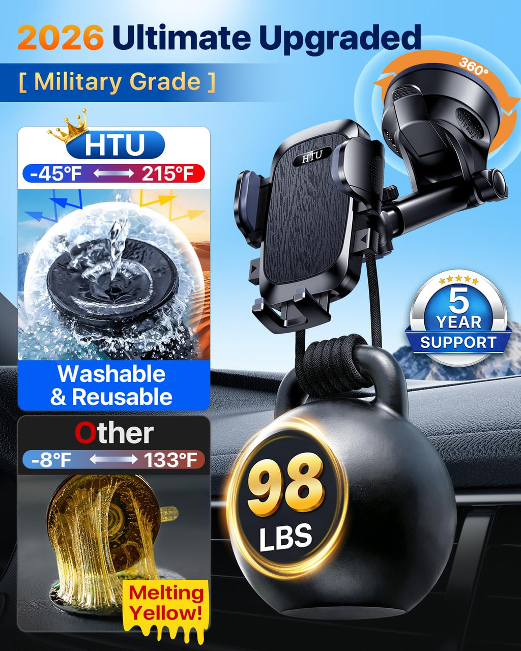 HTU 360° Universal Suction Car Phone Mount for Dashboard