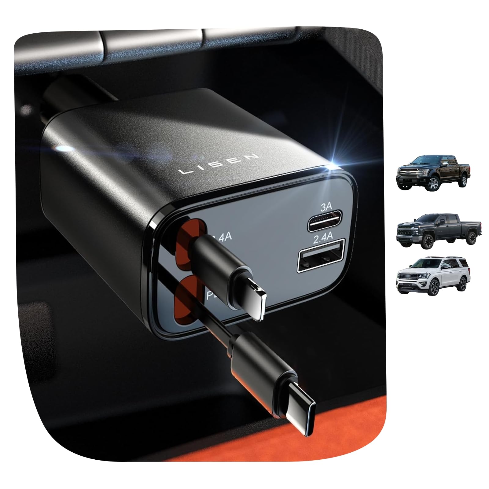 LISEN 84W Retractable USB-C Fast Charging Car Charger