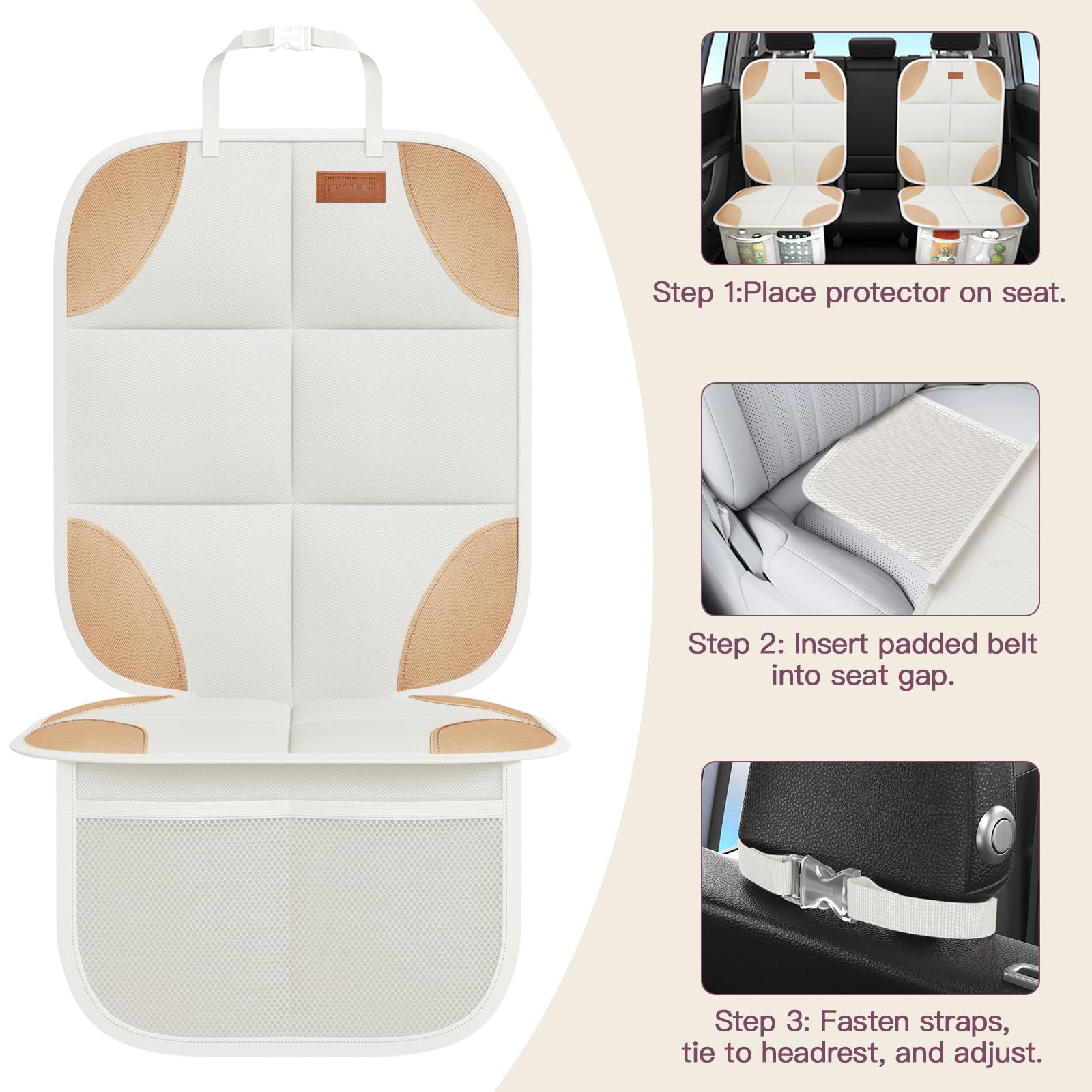 SMART ELF Car Seat Protector, Thickest Padding and Non-Slip Backing 2 Mesh Pockets for Baby and Pet, Durable 600D Fabric Waterproof Car Seat Cover
