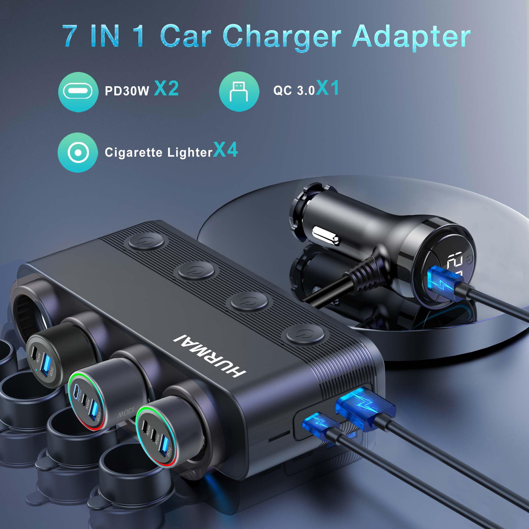 HURMAI 216W 4-Socket USB-C Car Charger Splitter