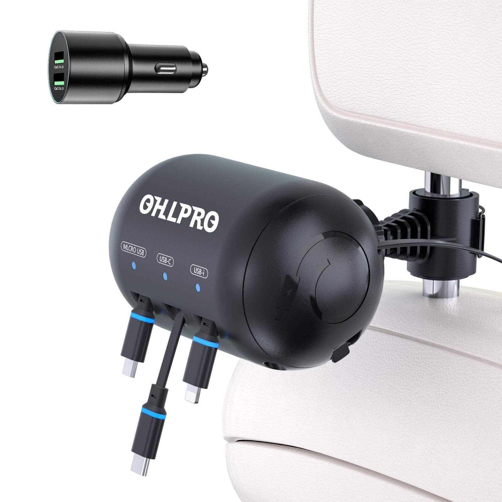 OHLPRO 3-in-1 Retractable Backseat Car Charging Station