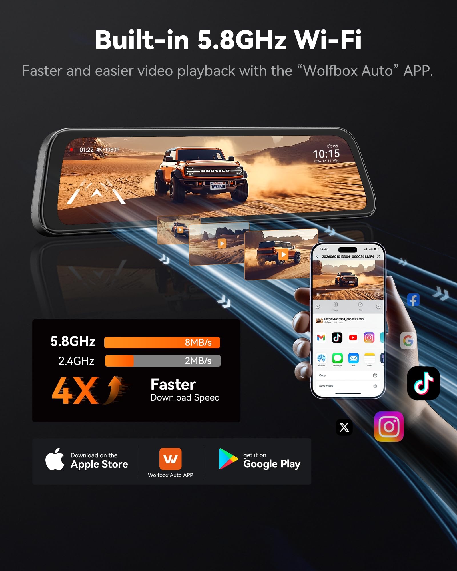 WOLFBOX G840S 12-Inch 4K Dual Mirror Dash Cam Front and Rear