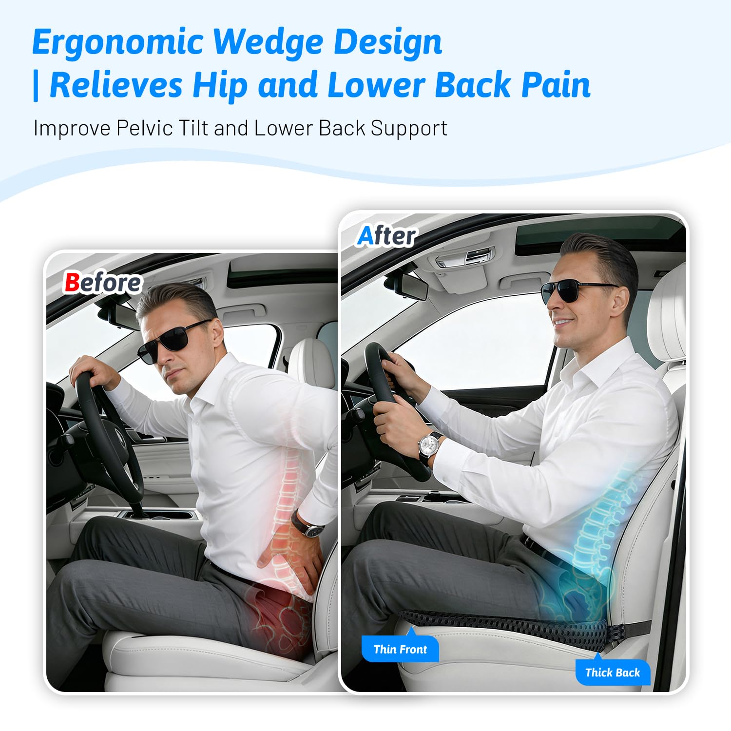 Memory Foam Wedge Car Seat Cushion for Drivers