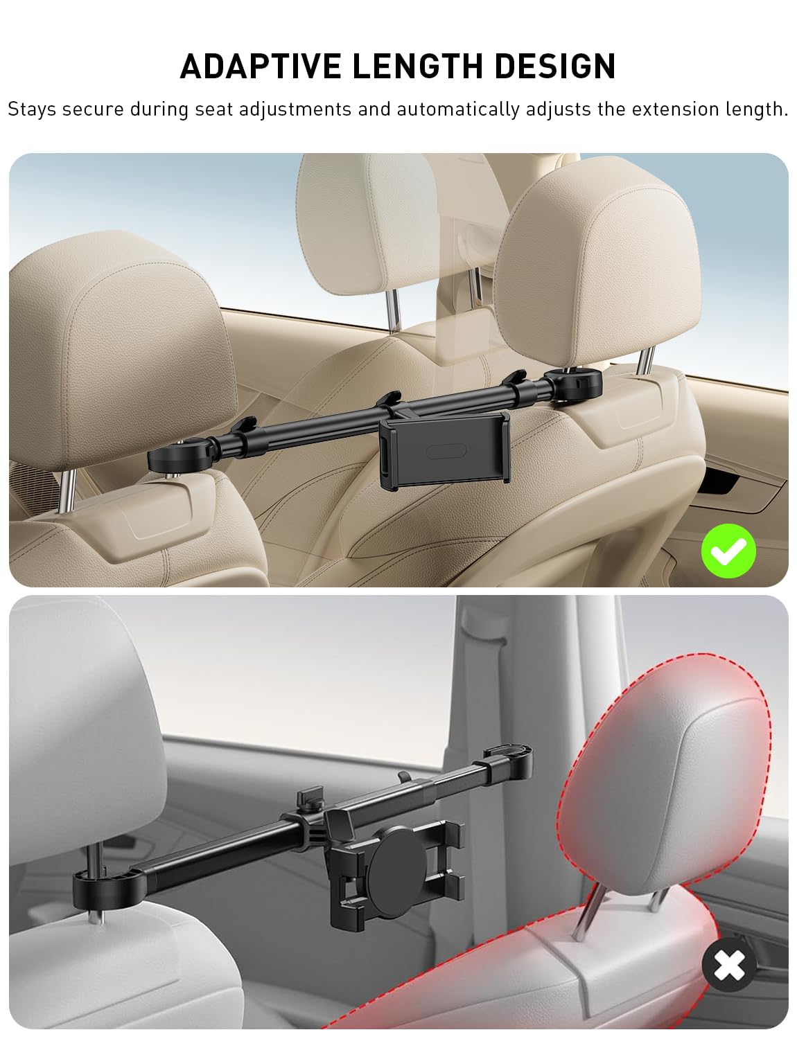 Tryone Adjustable Front & Rear Car Headrest Tablet Mount