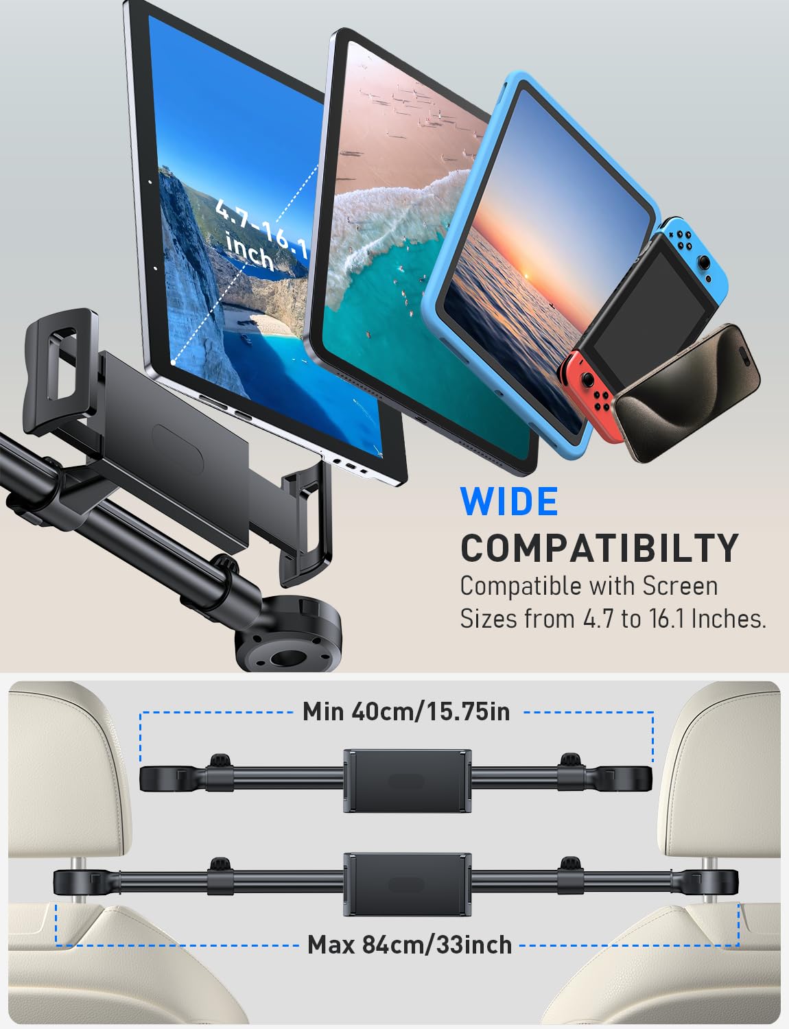 Tryone Adjustable Front & Rear Car Headrest Tablet Mount