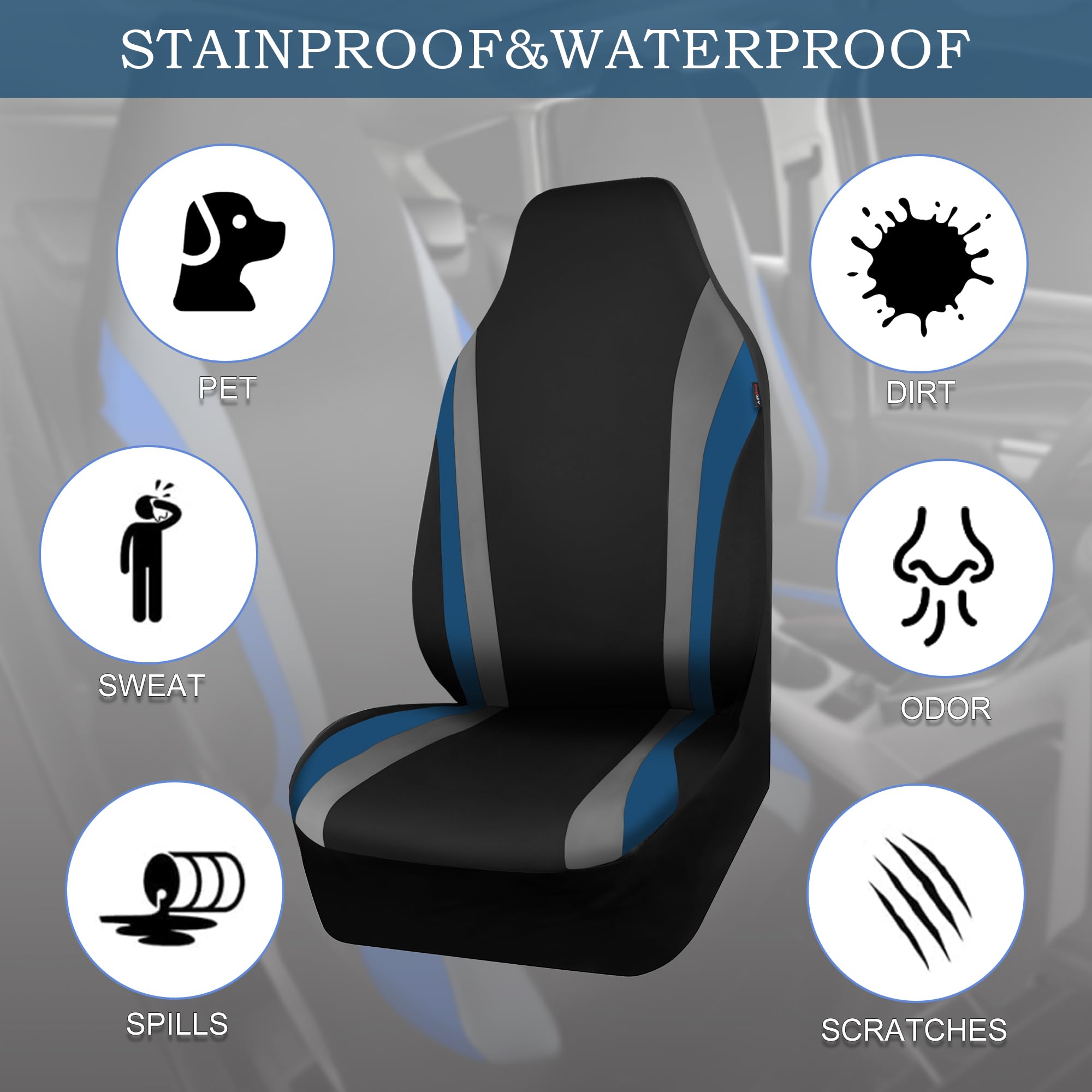 CAR PASS AquaShield Line Rider Car Seat Covers for Front Seats Only, Waterproof Seat Covers for Cars, Neoprene Two Front High Back Bucket Seat Cover Set