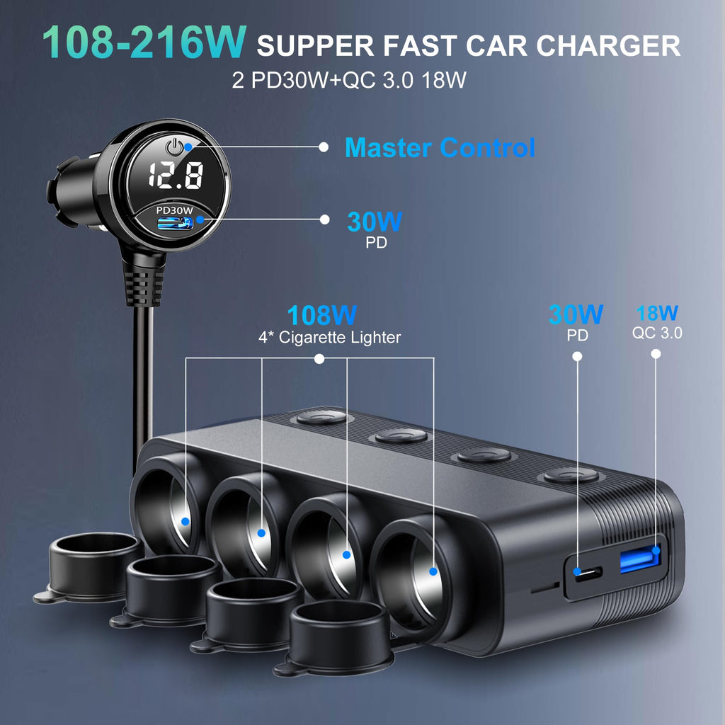HURMAI 216W 4-Socket USB-C Car Charger Splitter