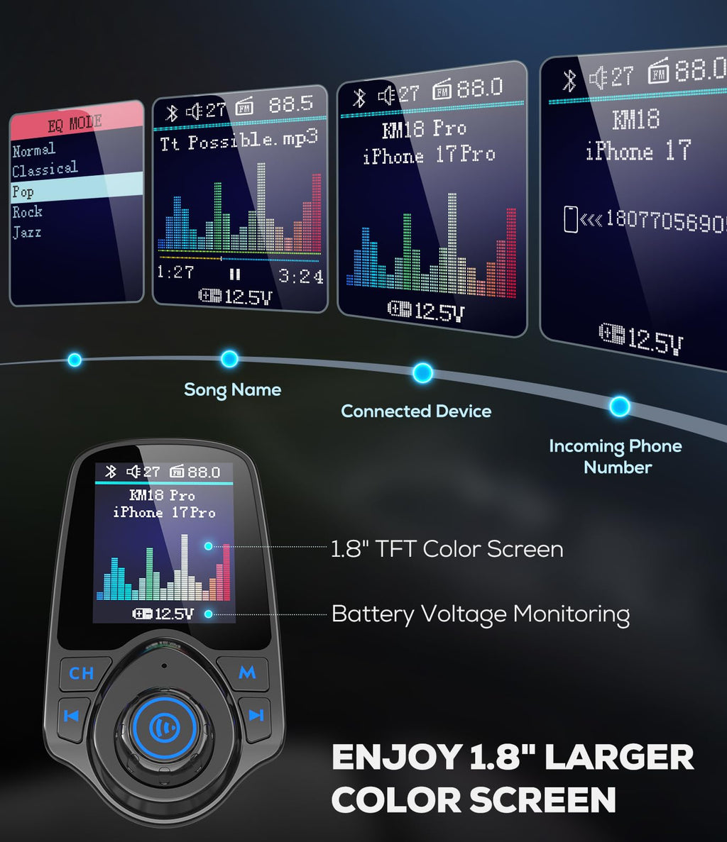 Nulaxy KM18 Bluetooth FM Transmitter with Color Display