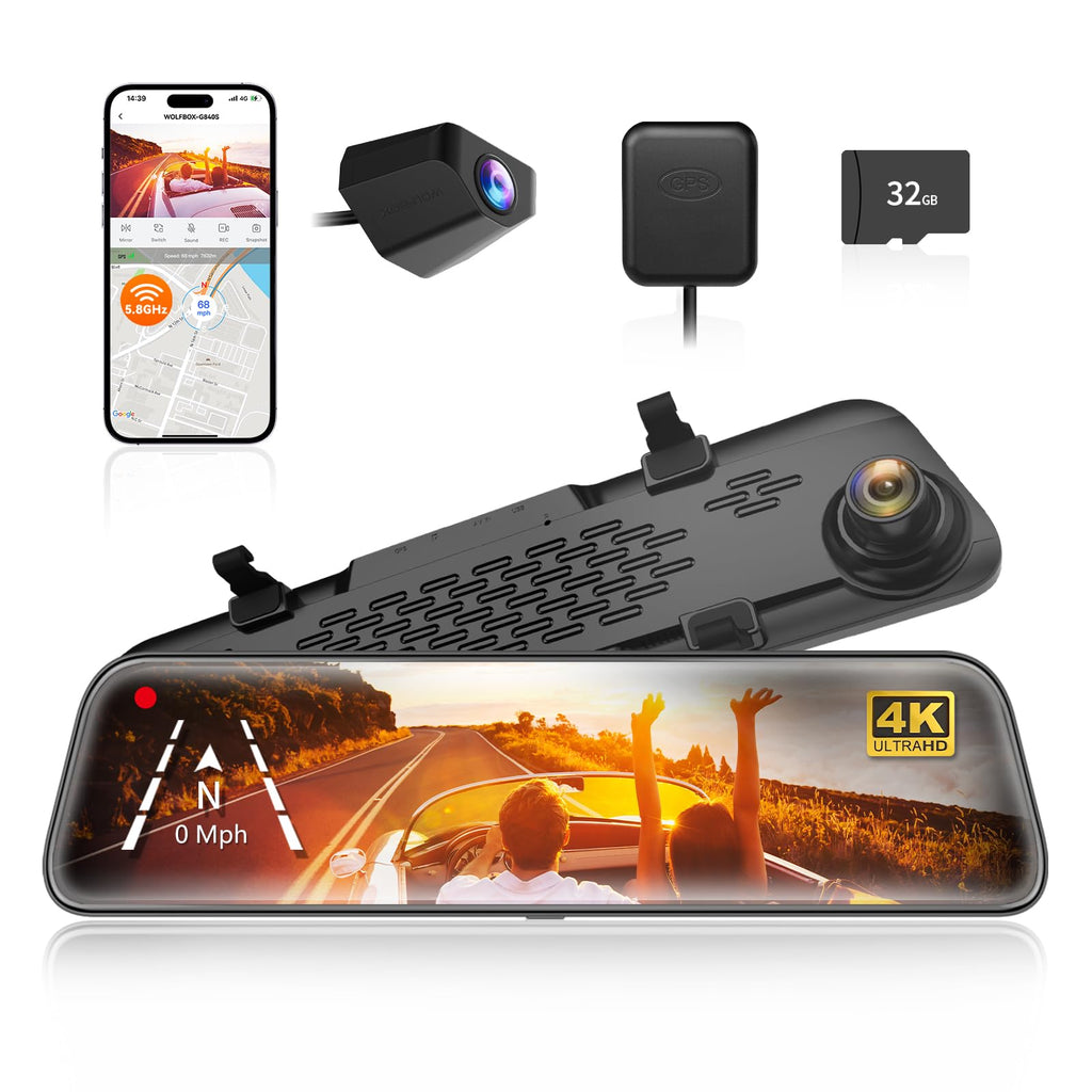 WOLFBOX G840S 12-Inch 4K Dual Mirror Dash Cam Front and Rear