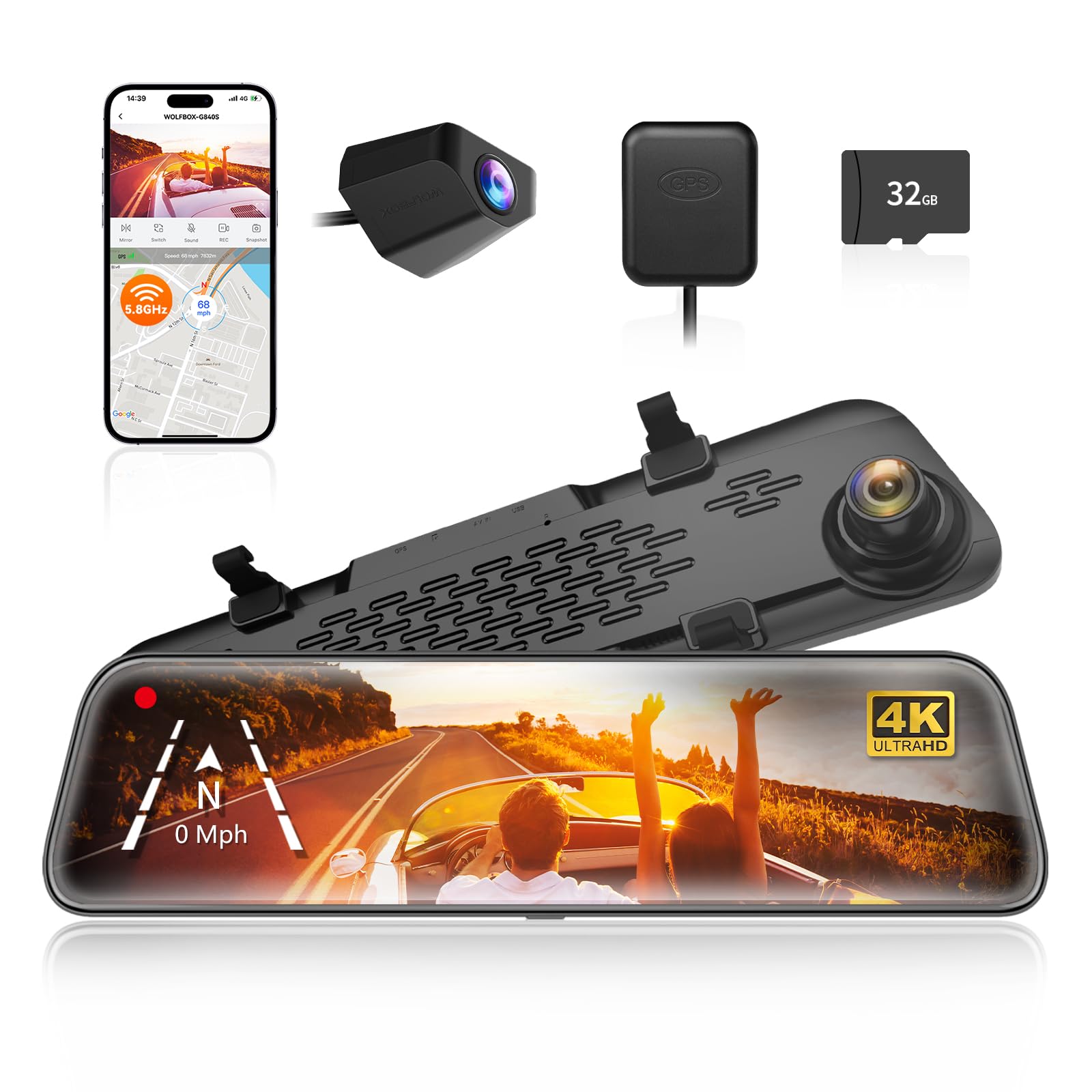 WOLFBOX G840S 12-Inch 4K Dual Mirror Dash Cam Front and Rear