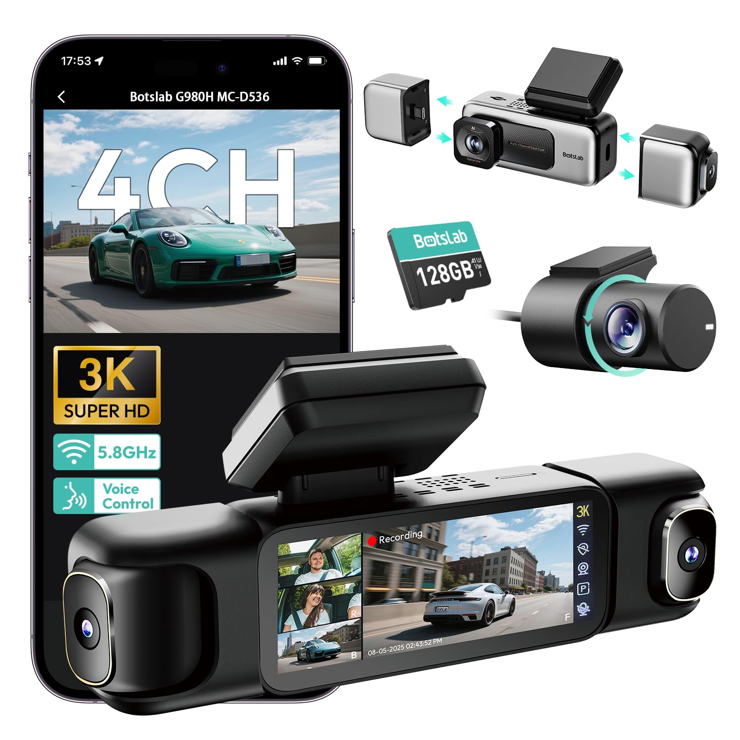 BOTSLAB G980H 4-Channel 360° Car Dash Camera System