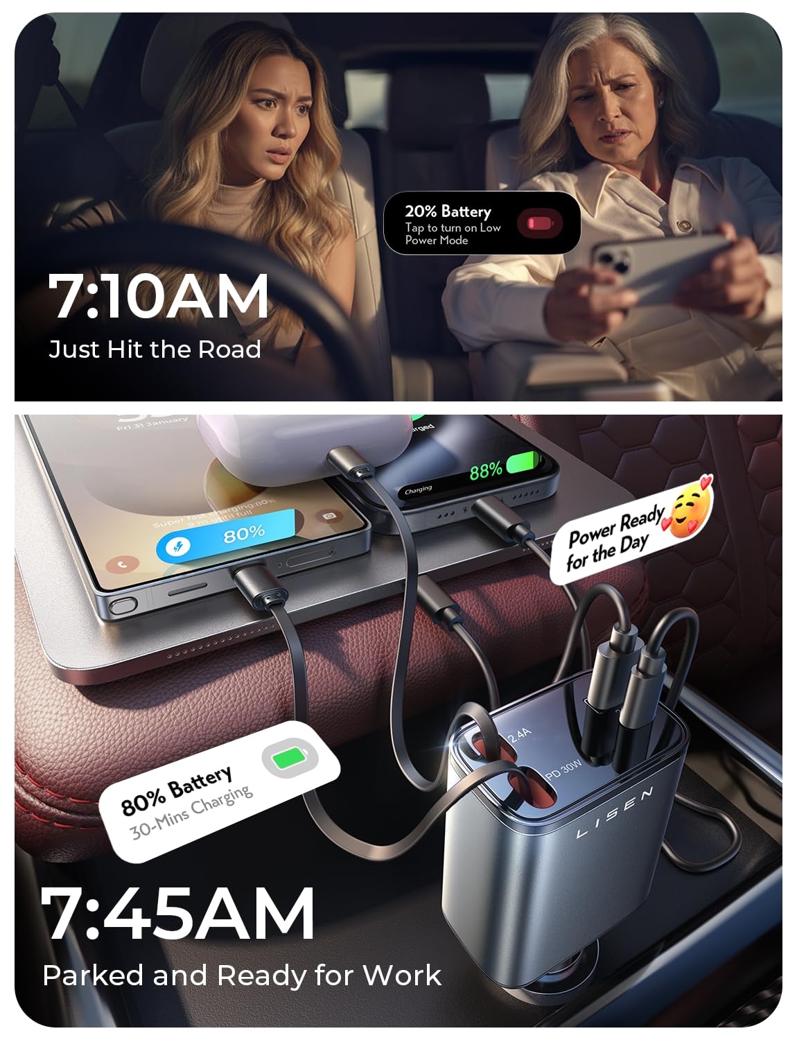 LISEN 84W Retractable USB-C Fast Charging Car Charger