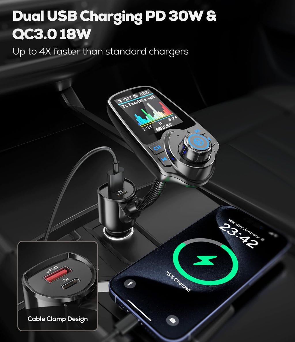 Nulaxy KM18 Bluetooth FM Transmitter with Color Display