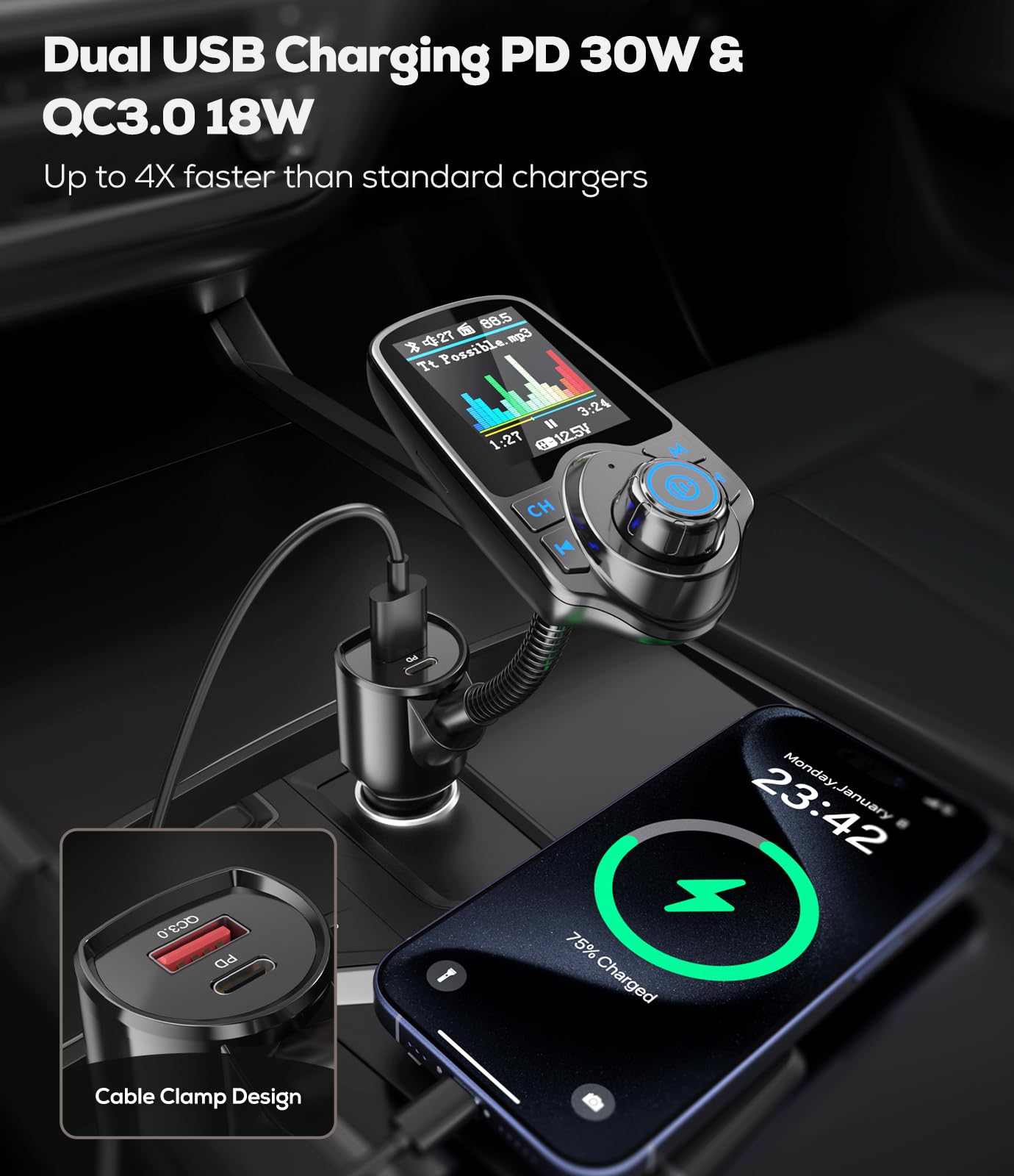 Nulaxy KM18 Bluetooth FM Transmitter with Color Display