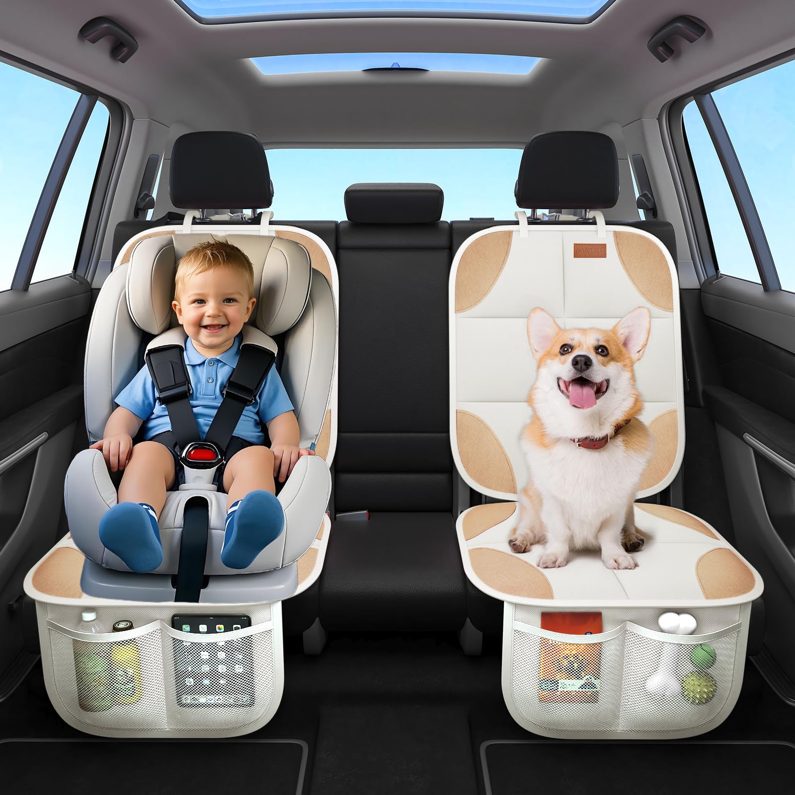 SMART ELF Car Seat Protector, Thickest Padding and Non-Slip Backing 2 Mesh Pockets for Baby and Pet, Durable 600D Fabric Waterproof Car Seat Cover