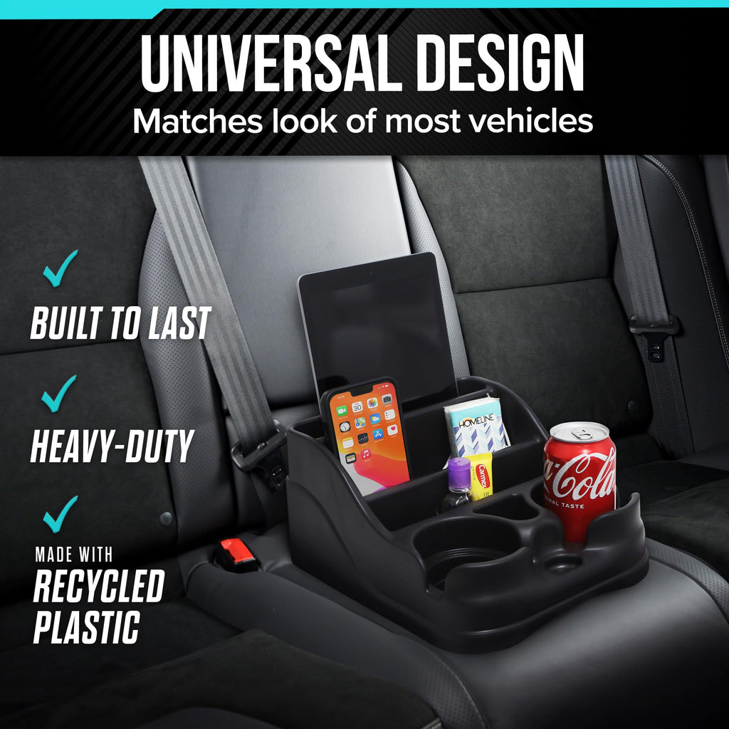 Moblorg Small Center Console for Cars, Trucks, Minivans, SUVs, Vehicle Organizer, Cup Holders, Recycled Plastic, Made in USA (Black)