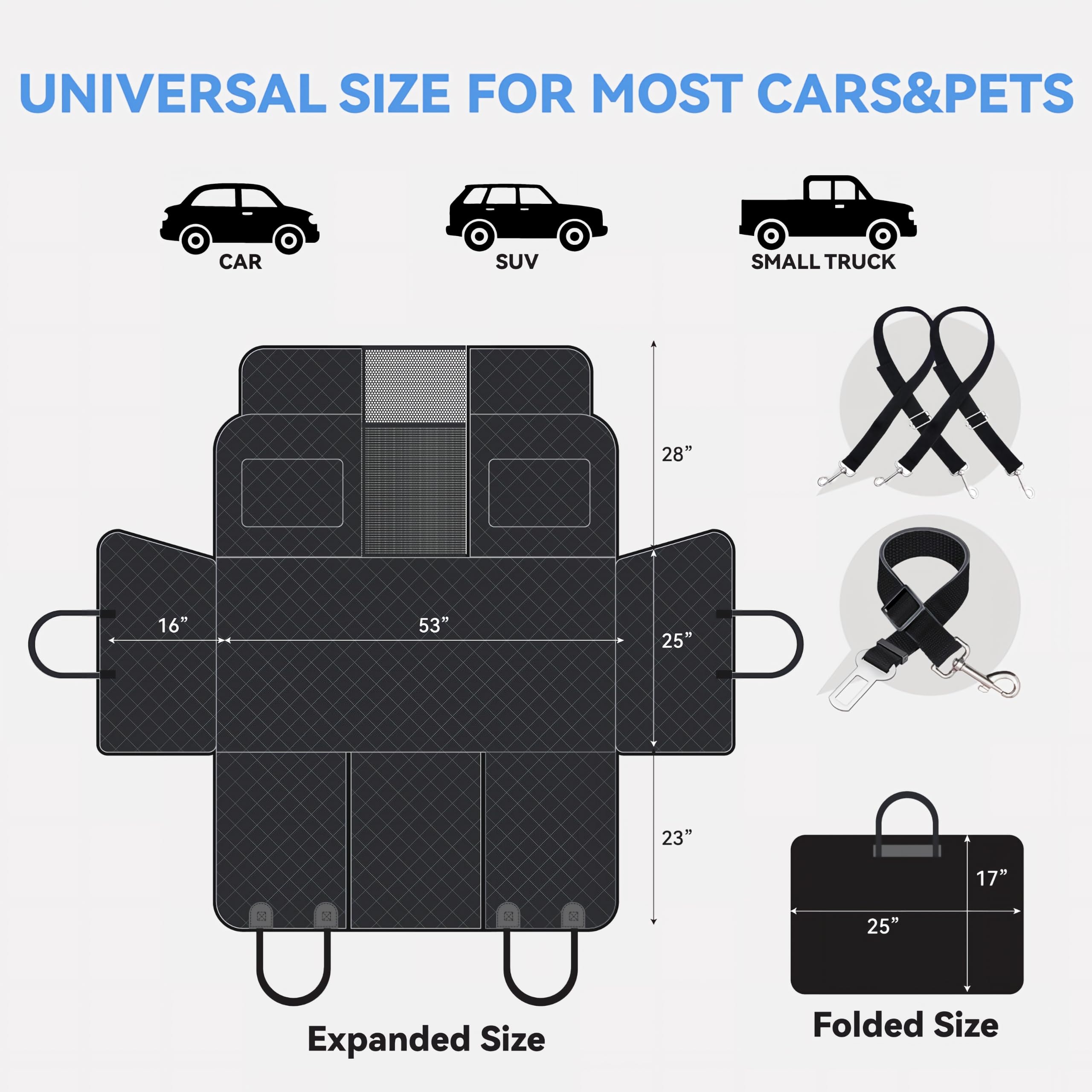 Back Seat Extender for Dogs,Dog Car Seat Cover for Back Seat with Hard Bottom Holds 500 lbs,Car Seat Protector,Waterproof Extender for Dogs,Dog HammockPet Bed for Full-Size Cars,SUVs, Small Trucks