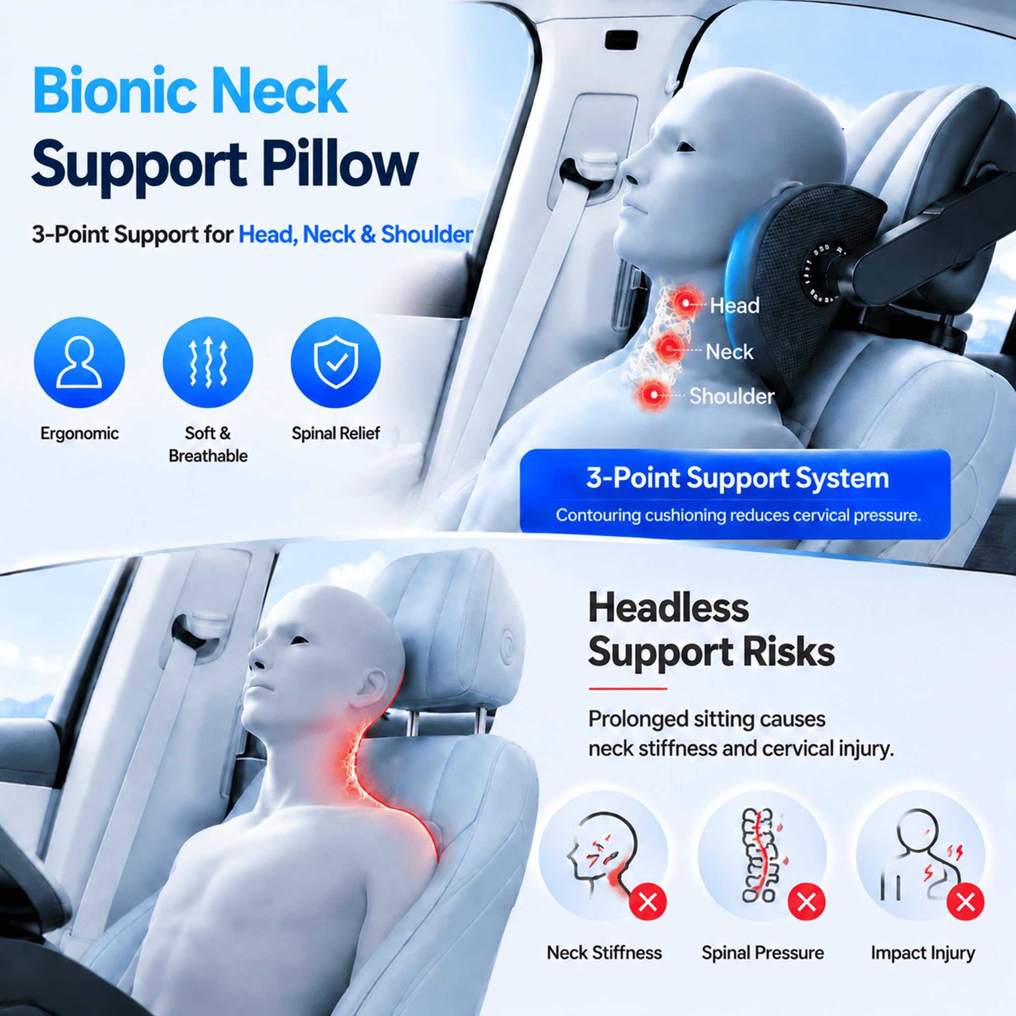 Haliwaii Adjustable Memory Foam Car Headrest Neck Pillow