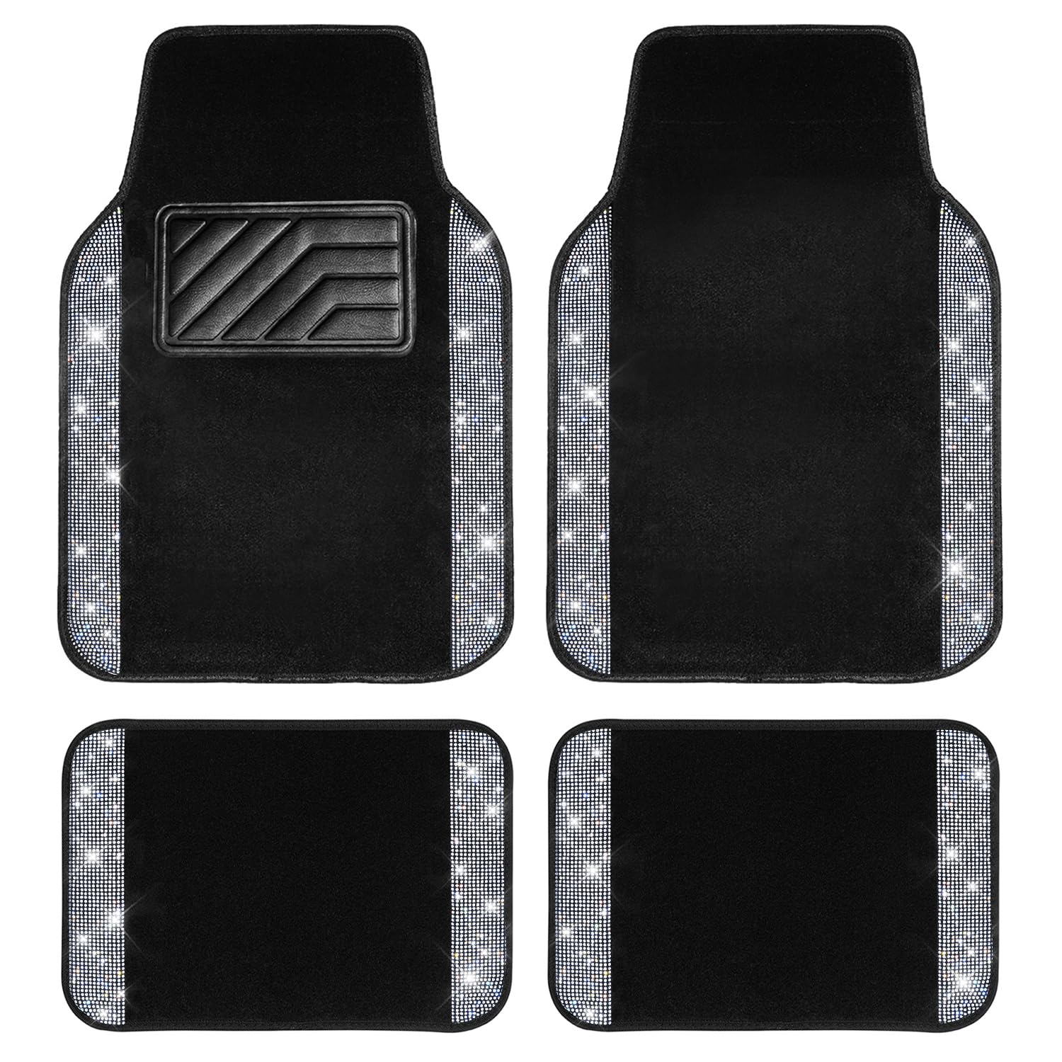 CAR PASS Bling Diamond Car Floor Mats, Shining Rhinestone Carpet Sparkly Glitter Crystal with Anti-Slip PVC Heel Pad Waterproof Universal Fit Automotive SUV,Sedan,Van
