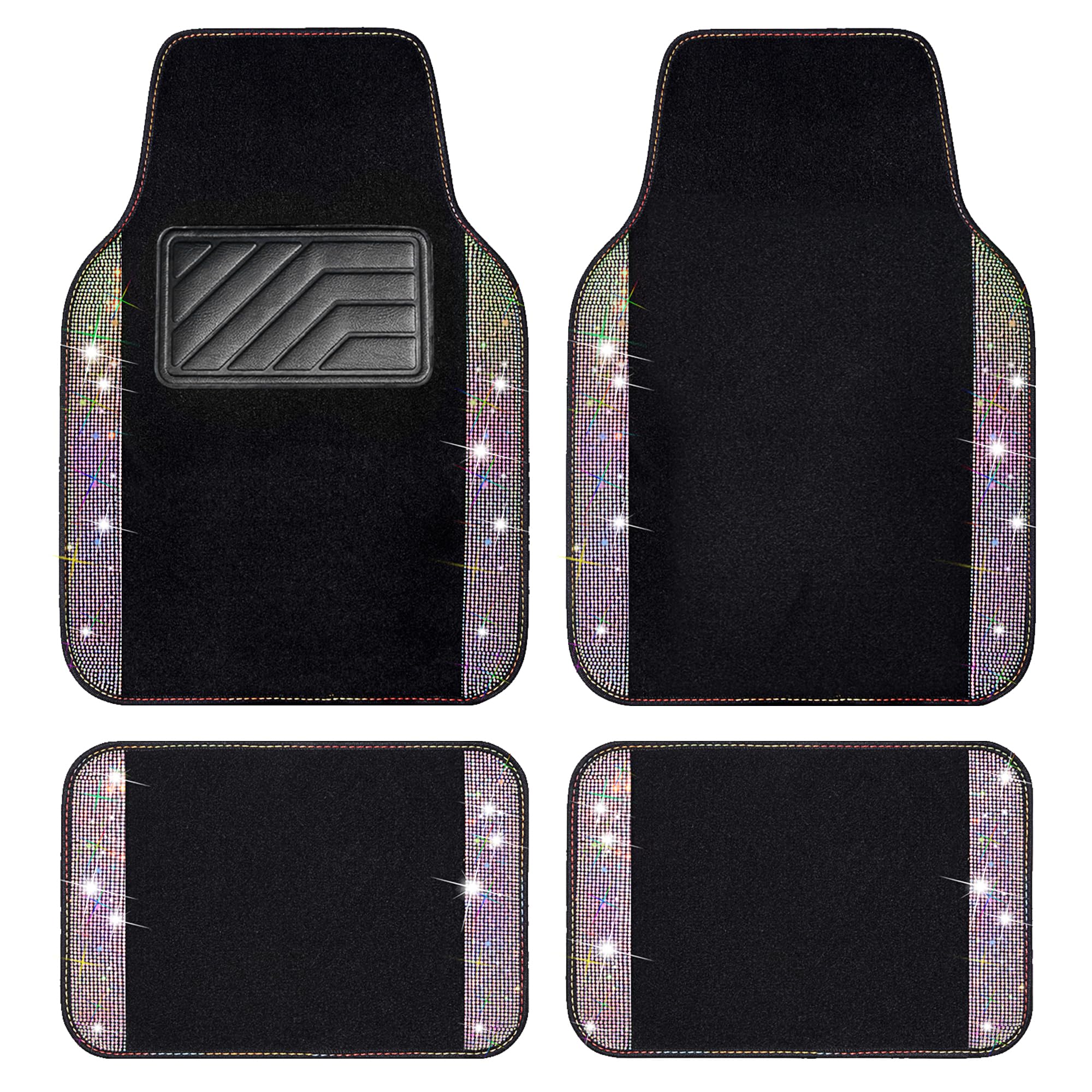 CAR PASS Bling Diamond Car Floor Mats, Shining Rhinestone Carpet Sparkly Glitter Crystal with Anti-Slip PVC Heel Pad Waterproof Universal Fit Automotive SUV,Sedan,Van
