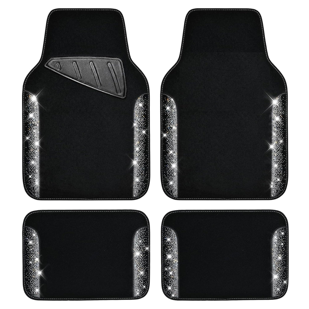 CAR PASS Bling Diamond Car Floor Mats, Shining Rhinestone Carpet Sparkly Glitter Crystal with Anti-Slip PVC Heel Pad Waterproof Universal Fit Automotive SUV,Sedan,Van