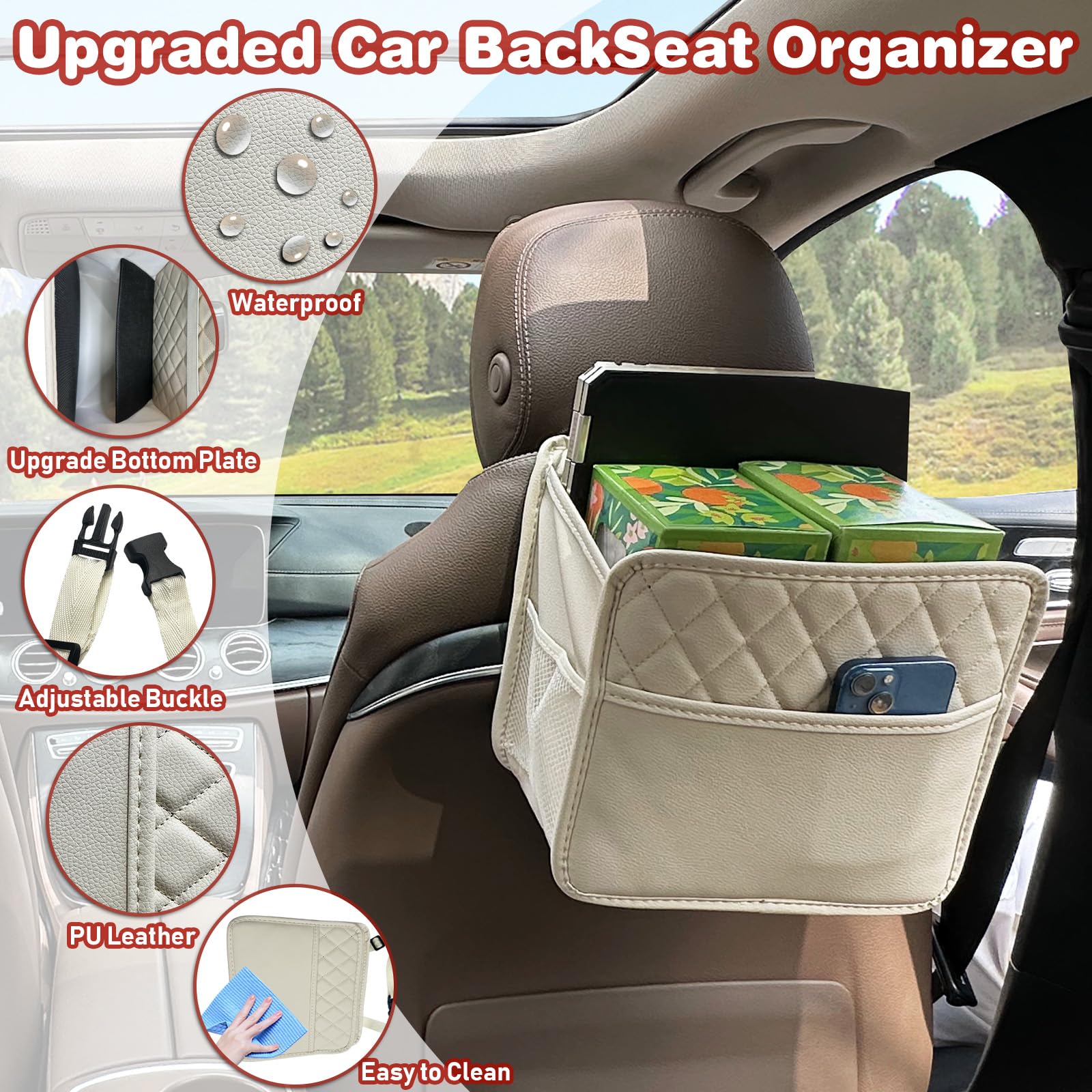 Witaxima PU Leather Backseat Organizer with 2.14-Gallon Trash Can