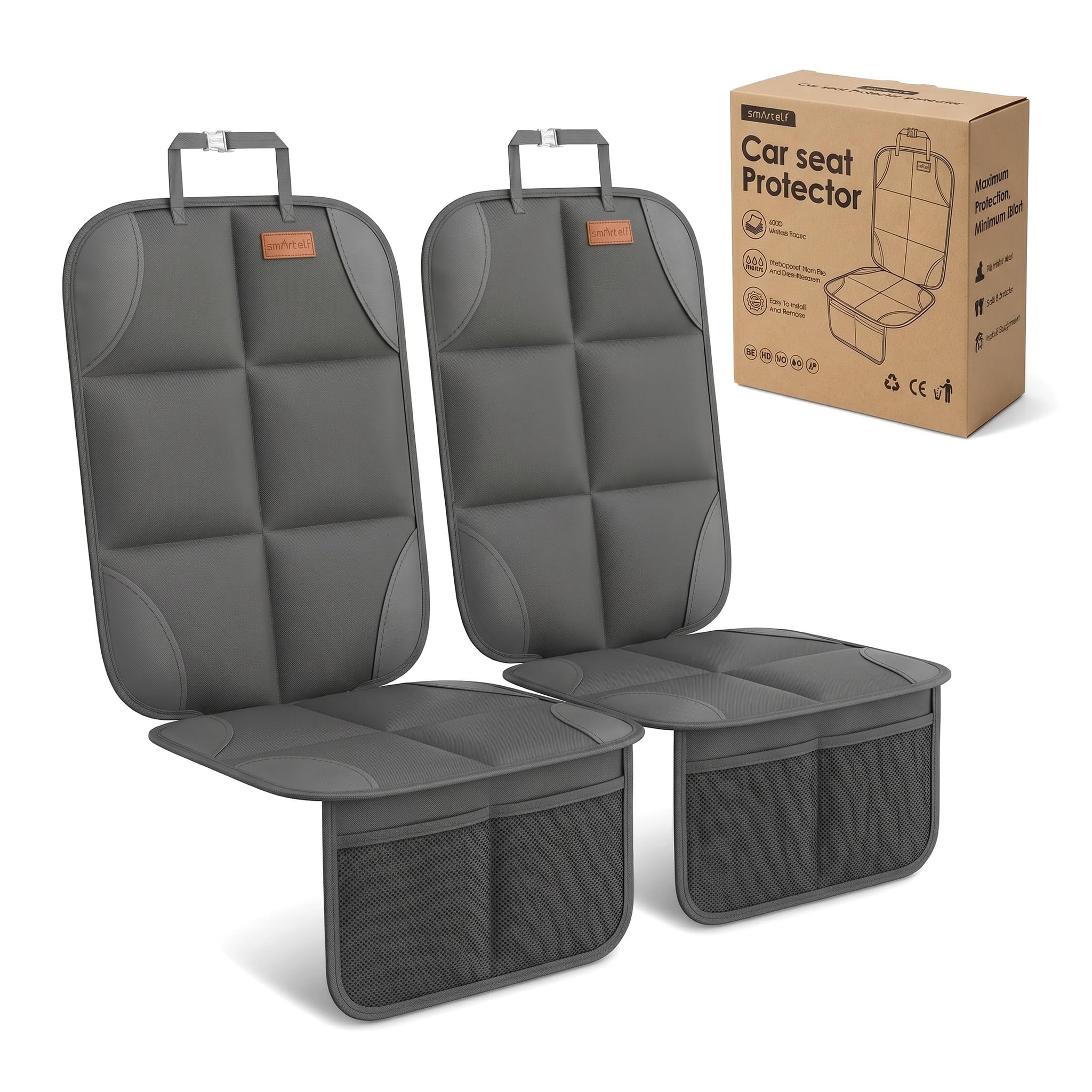 SMART ELF Car Seat Protector, Thickest Padding and Non-Slip Backing 2 Mesh Pockets for Baby and Pet, Durable 600D Fabric Waterproof Car Seat Cover