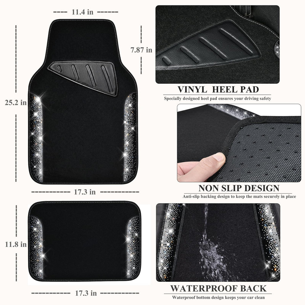 CAR PASS Bling Diamond Car Floor Mats, Shining Rhinestone Carpet Sparkly Glitter Crystal with Anti-Slip PVC Heel Pad Waterproof Universal Fit Automotive SUV,Sedan,Van