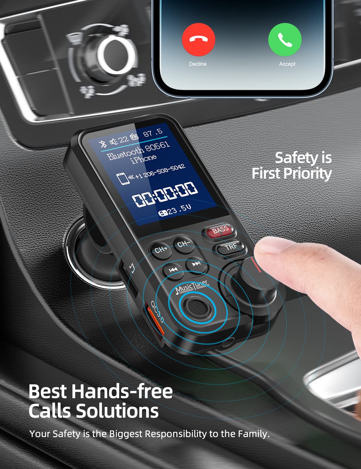 Nulaxy KM30 Bluetooth FM Transmitter with 1.8-Inch Display