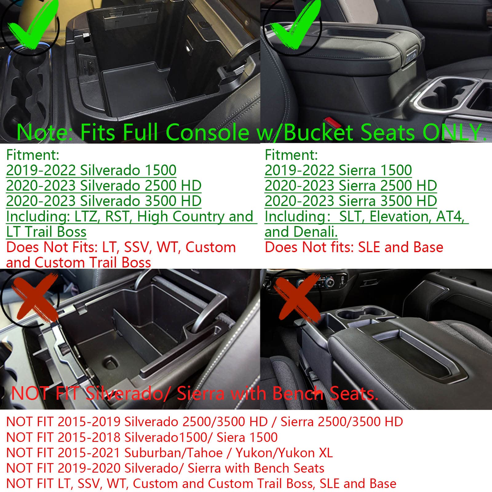Full Size Center Console Organizer Tray Compatible with 2019-2022 Chevy Silverado/GMC Sierra 1500 and 2020 2021 2022 Silverado/Sierra 2500HD 3500HD Accessories -Full Console w/Bucket Seats ONLY