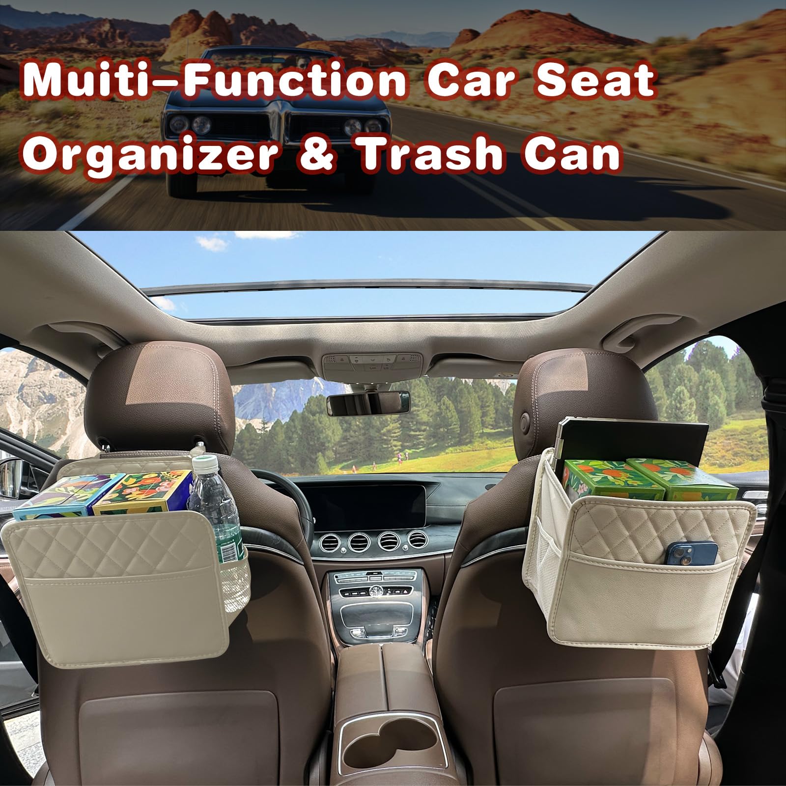 Witaxima PU Leather Backseat Organizer with 2.14-Gallon Trash Can